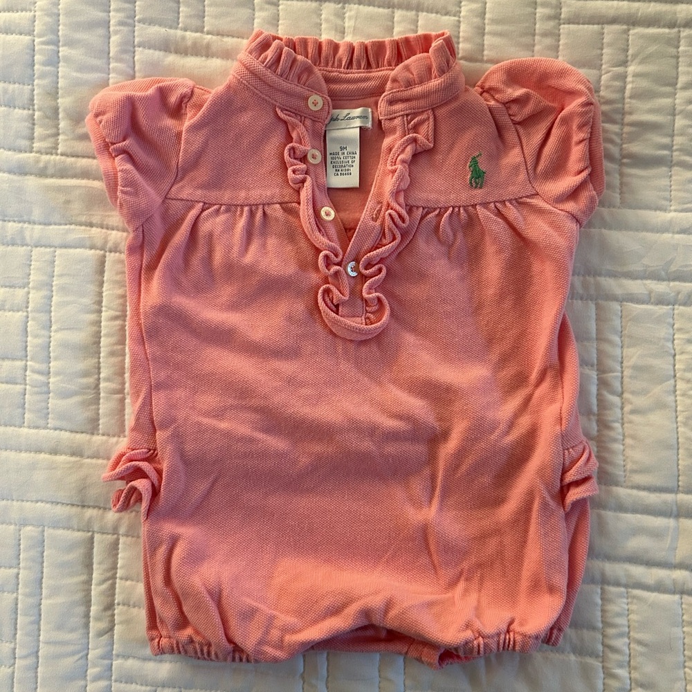 Ralph Lauren Pink Polo shortall with Ruffled Neckline and tushie (9mos)